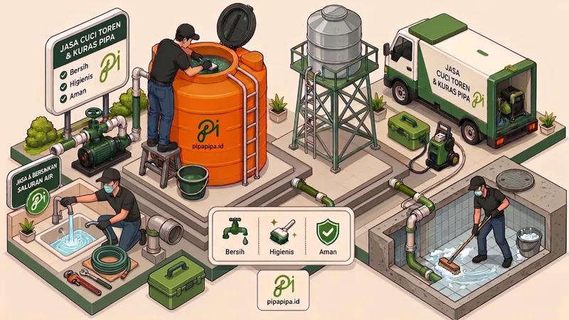 Ilustrasi layanan cuci toren dan cuci pipa PipaPipa.id: teknisi bekerja, tangki air, dan armada layanan