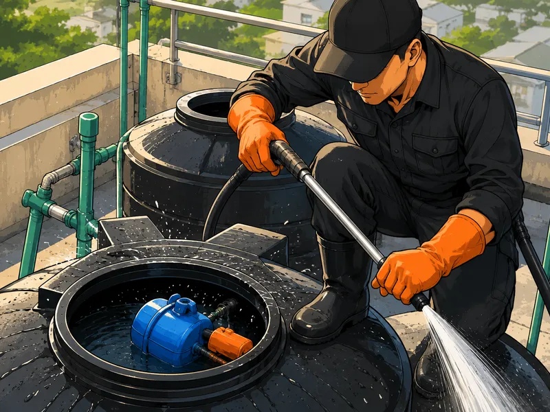 Teknisi PipaPipa.id sedang mencuci bagian dalam toren air